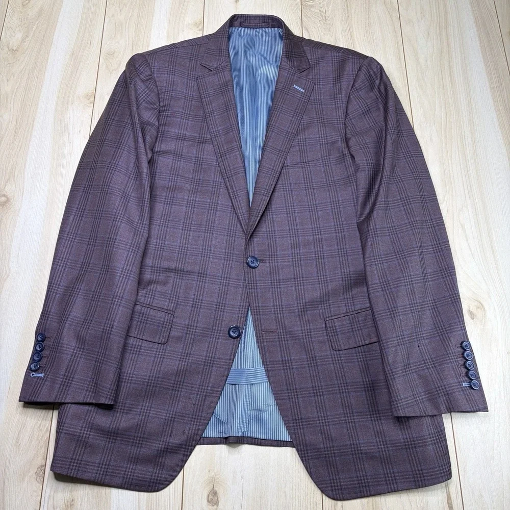 The Trunk Club Custom Twill Wool Mini-Windowpane Plaid Blazer Mens 40R Burgundy